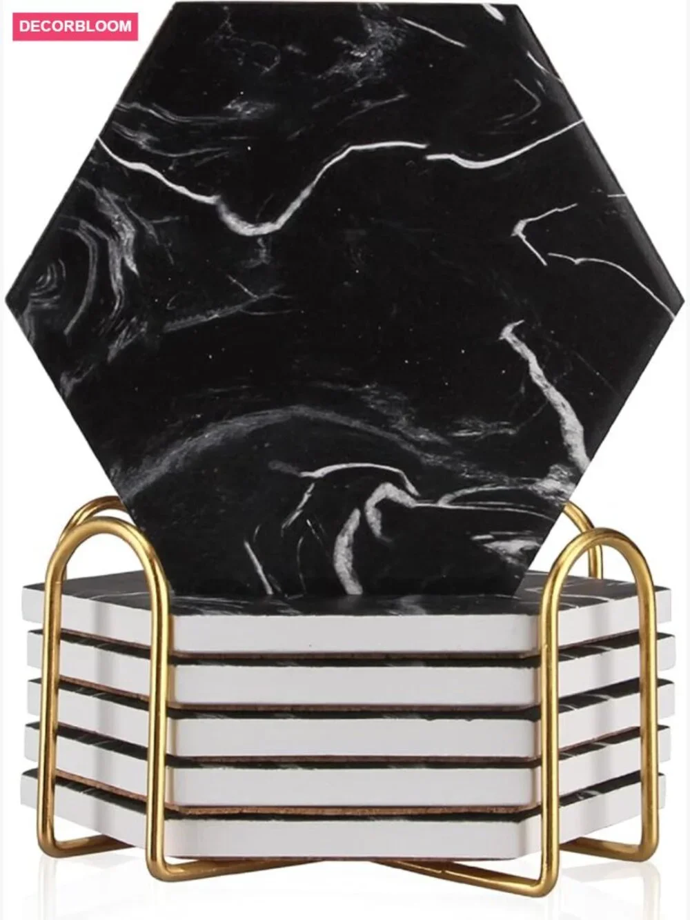 Hexagon Coaster Set with Holder - Absorbent Stone 6 Pack